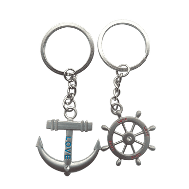 4EVER Romantic Stainless Alloy Metal Silver Nautical Steering Wheel Anchor & Love Boat Rudder Helm Couple Keychain